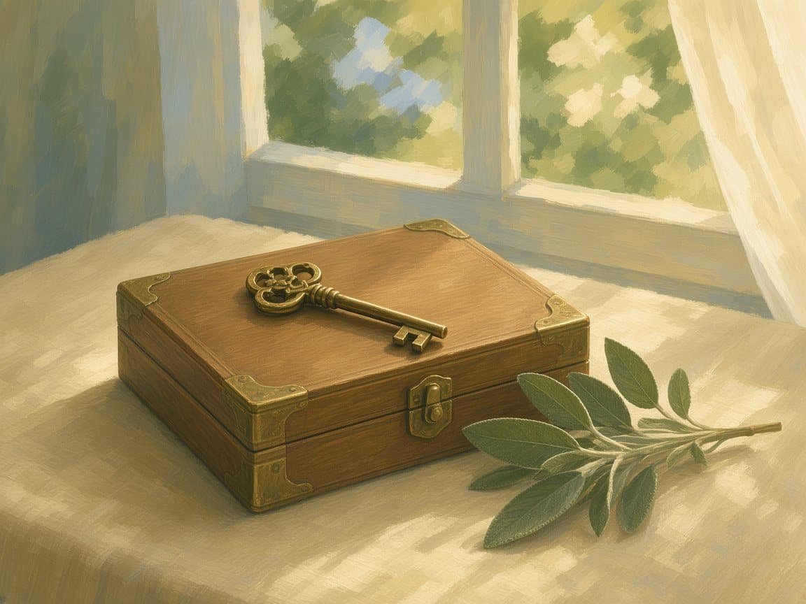 A brass key resting on a closed wooden document box